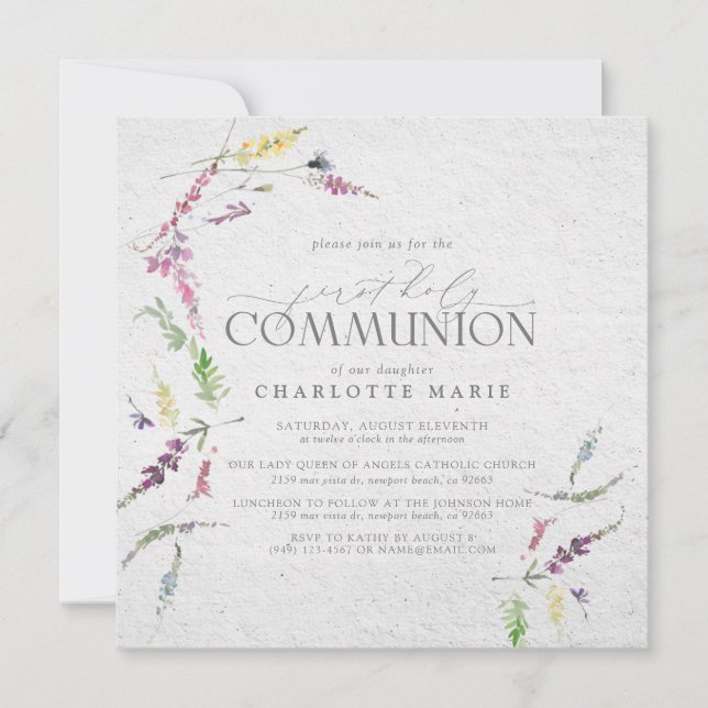 Elegant Wildflower Watercolor First Communion Invitation (Front)