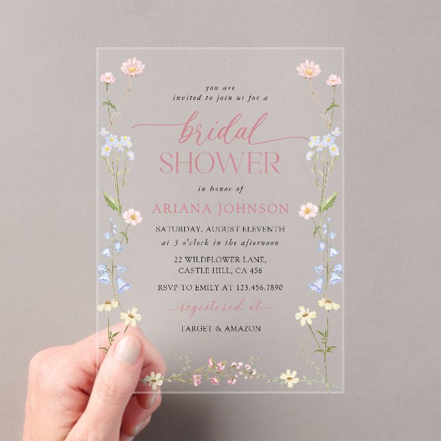 Elegant Wildflower Watercolor Floral Bridal Shower Acrylic Invitations (Insitu (Handheld))