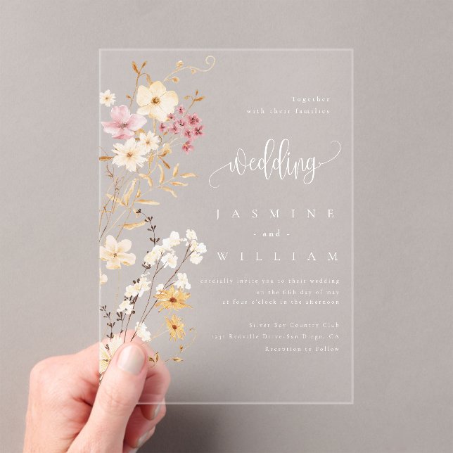 Elegant Wildflower Wedding  Acrylic Invitations (Insitu (Handheld))