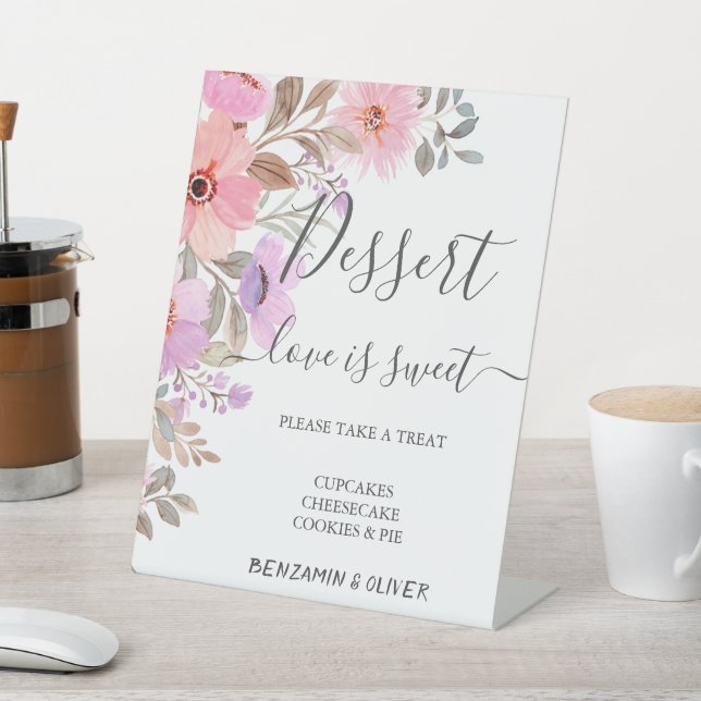 Elegant Wildflower Wedding Dessert Bar  Pedestal Sign (In SItu)