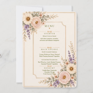 Elegant Wildflower Wedding Menu. Invitation