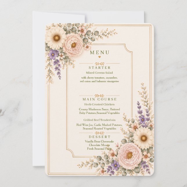 Elegant Wildflower Wedding Menu. Invitation (Front)