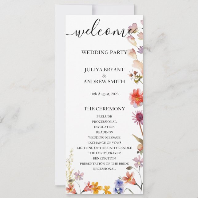 Elegant wildflower Wedding program card  (Front)