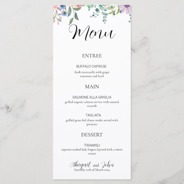 Elegant Wildflower Wedding Reception Menu (Front)