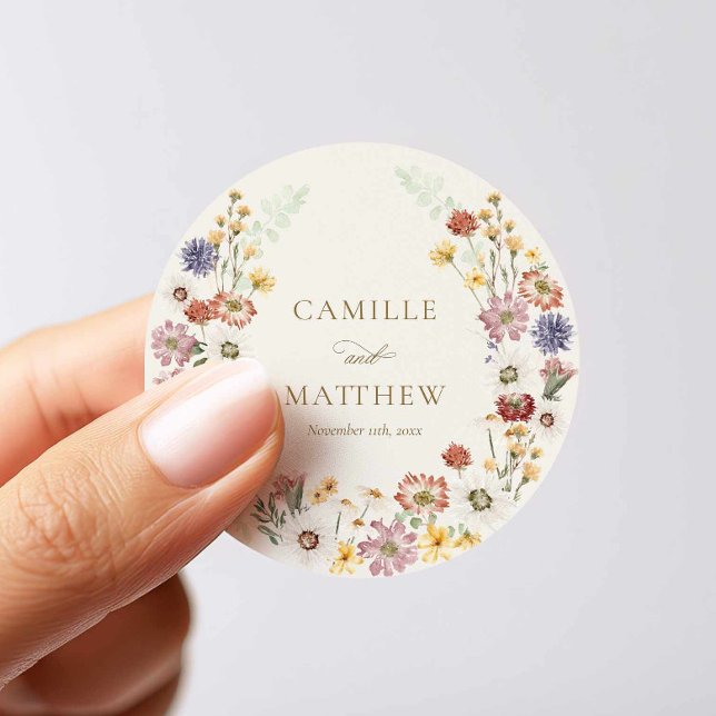 Elegant Wildflower Wedding Round Sticker (Wildflower Fall Wedding Favor Sticker)