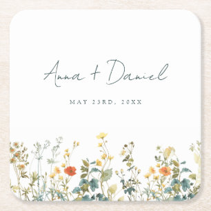 Elegant Wildflower Wedding Square Paper Coaster