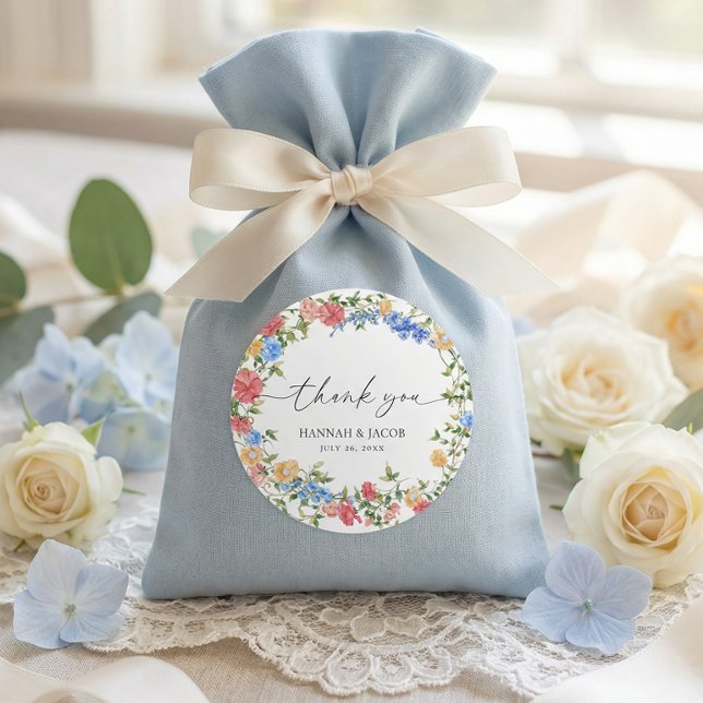 Elegant Wildflower Wedding Thank You Favour Classic Round Sticker (Creator Uploaded)