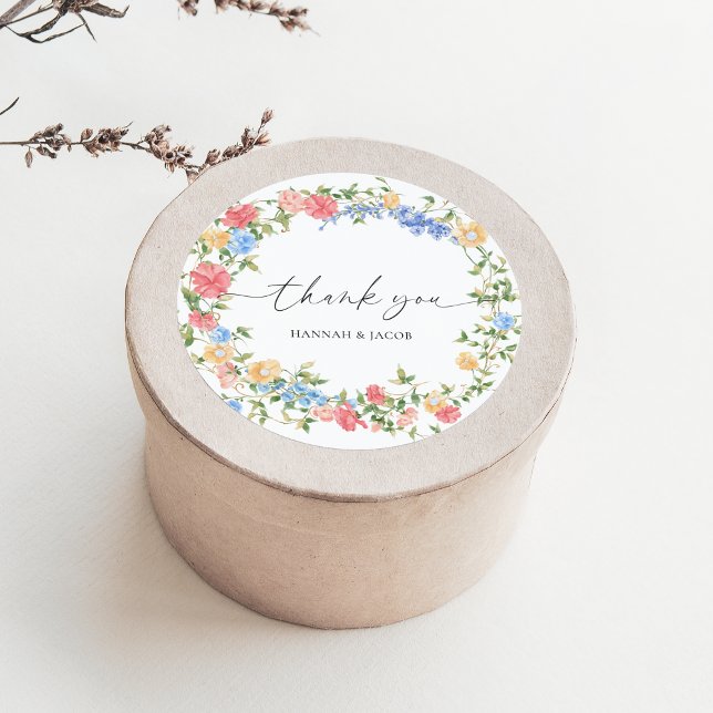 Elegant Wildflower Wedding Thank You Favour Classic Round Sticker (Creator Uploaded)