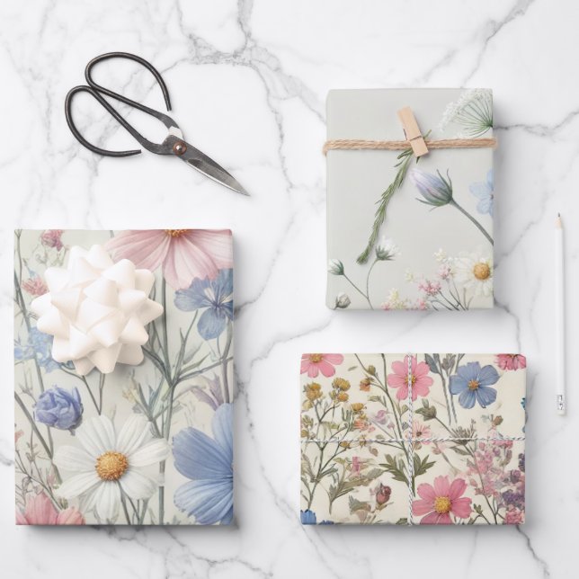 Elegant Wildflower Wrapping Paper Set – Pack of 3 (Front)