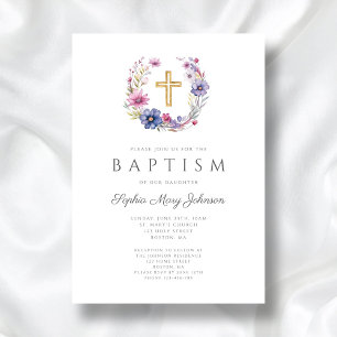 Elegant Wildflower Wreath Girl Baptism Invitation