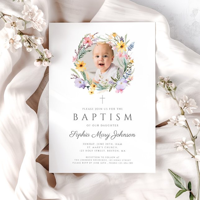 Elegant Wildflower Wreath Photo Baptism Invitation (Modern Wildflower Wreath Photo Baptism Invitation)
