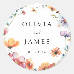 Elegant Wildflower Wreath Summer Wedding Classic Round Sticker