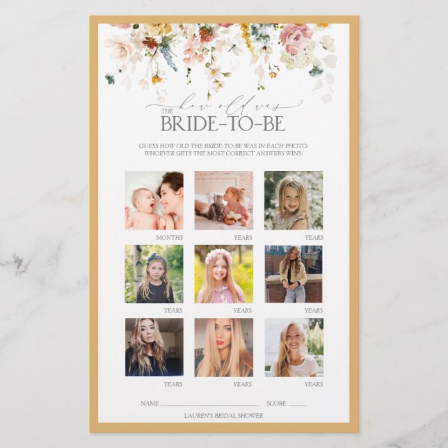 Elegant Wildflower Yellow Bridal Shower Game (Front)