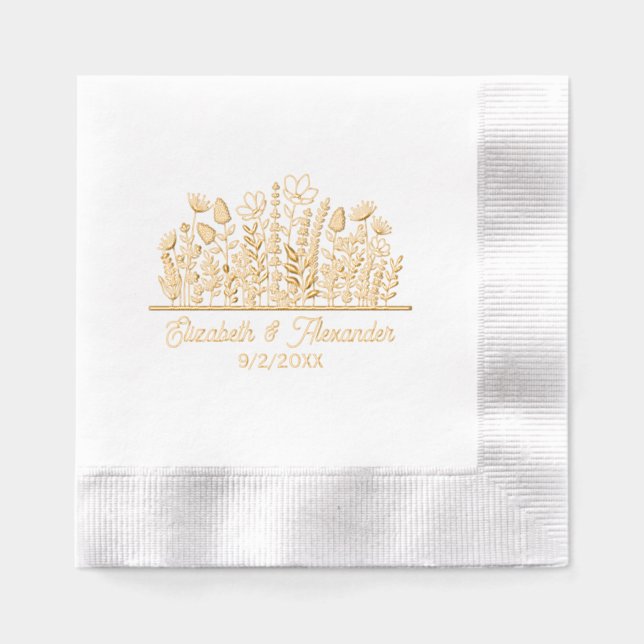 Elegant Wildflowers #2 Wedding Couple Names Date Foil Napkins (Front)