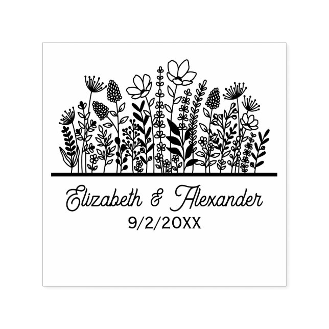 Elegant Wildflowers #2 Wedding Couple Names Date Self-inking Stamp (Design)