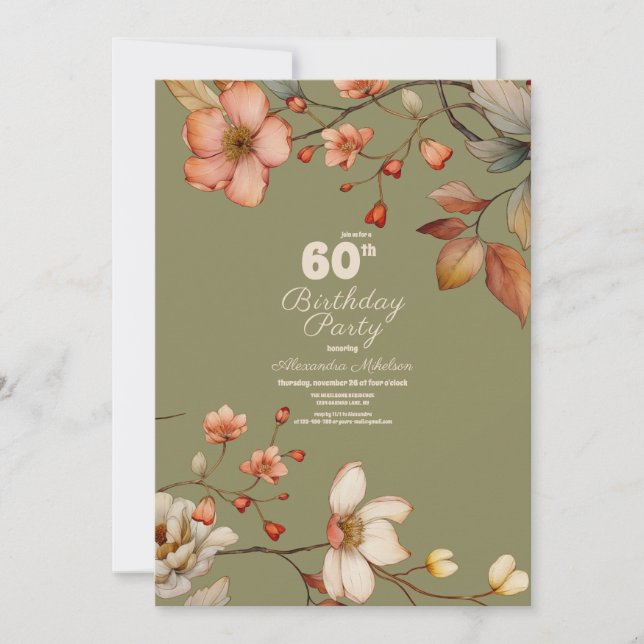 Elegant Wildflowers 60th Green Birthday Invitation (Front)