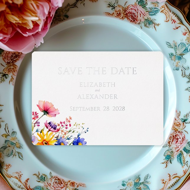 Elegant Wildflowers and Silver Lettering Save Date (Creator Uploaded)
