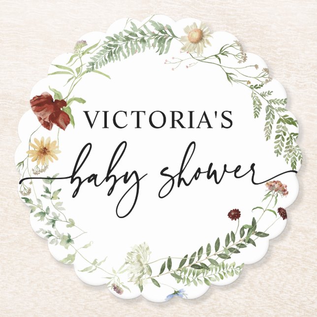 Elegant Wildflowers Baby Shower Paper Coaster (Front)