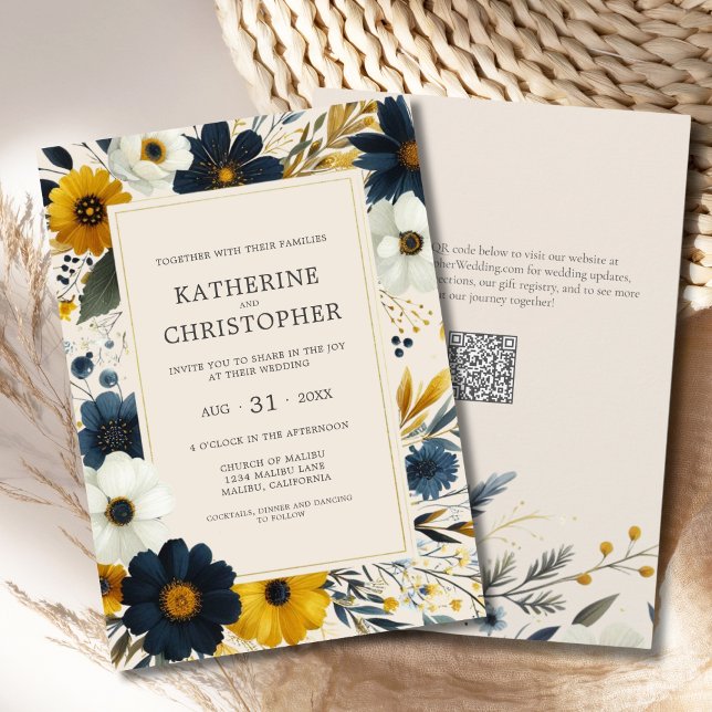 Elegant Wildflowers Beige Watercolor Wedding Invitation (Watercolor Floral Elegant Beige Wedding Invitation with Blue and Yellow Wildflowers, QR Code.)