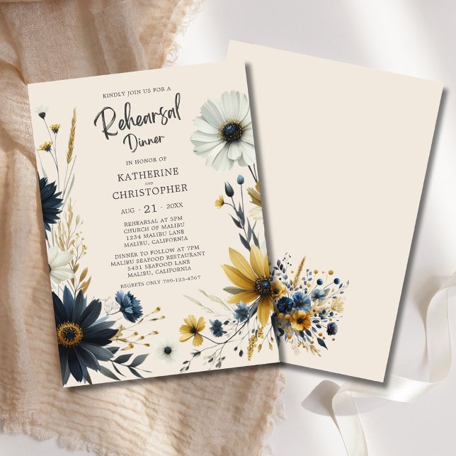 Elegant Wildflowers Beige Wedding Rehearsal Dinner Invitation (Elegant Watercolor Wildflowers Beige Wedding Rehearsal Dinner Invitation with blue & yellow flowers.)
