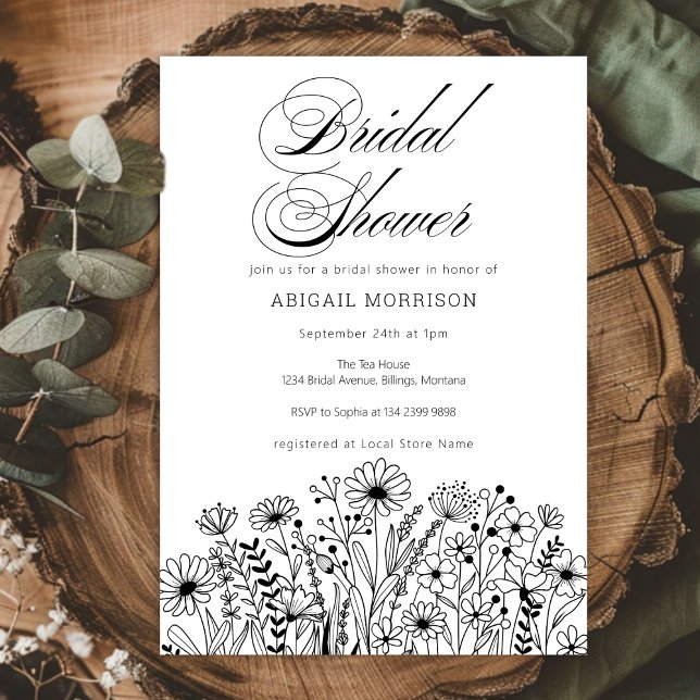 Elegant Wildflowers Black and White Bridal Shower Invitation (Creator Uploaded)