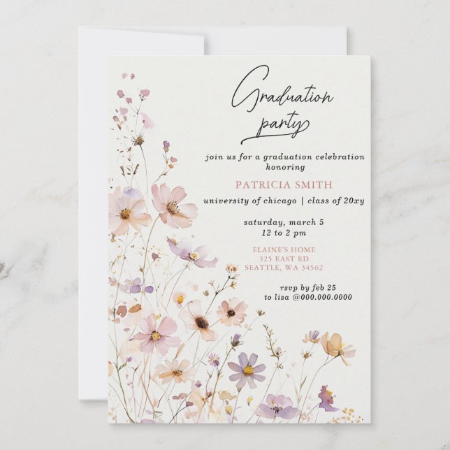 Elegant Wildflowers Blush Graduation Party Invitation (Front)