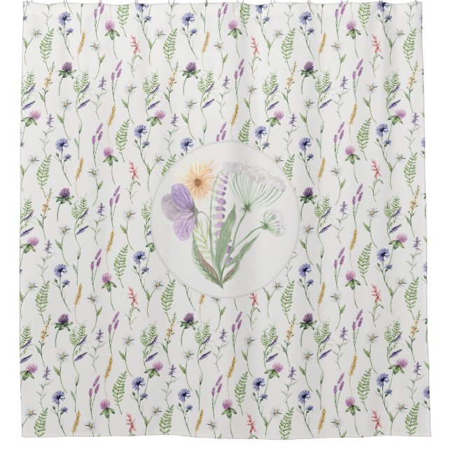 Elegant Wildflowers Botanical Watercolor Shower Curtain (Front)