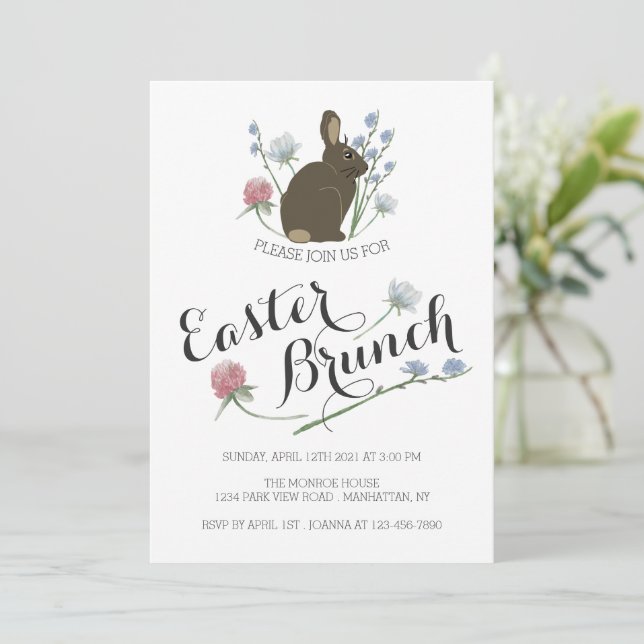 Elegant Wildflowers & Brown Bunny, Easter Brunch Announcement (Standing Front)