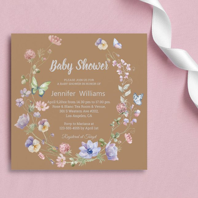 elegant wildflowers brown neutral baby shower  invitation (Creator Uploaded)