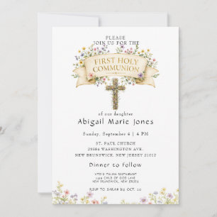 Elegant Wildflowers Cross First Holy Communion Invitation