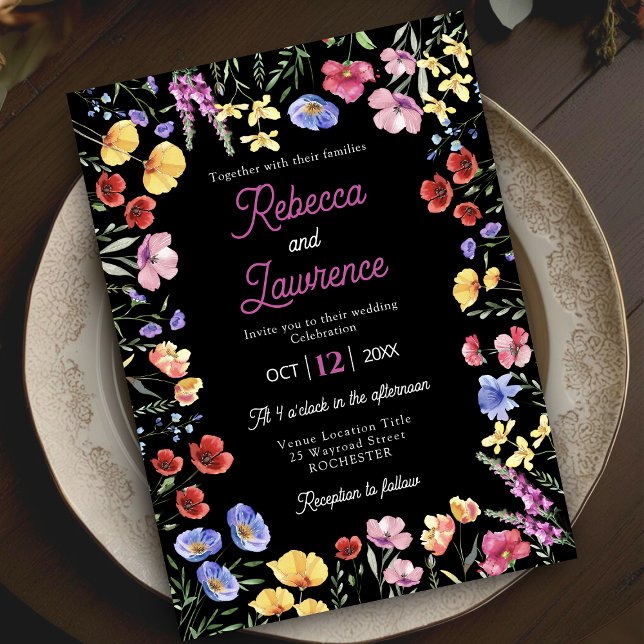 Elegant wildflowers floral black wedding  invitation (Creator Uploaded)