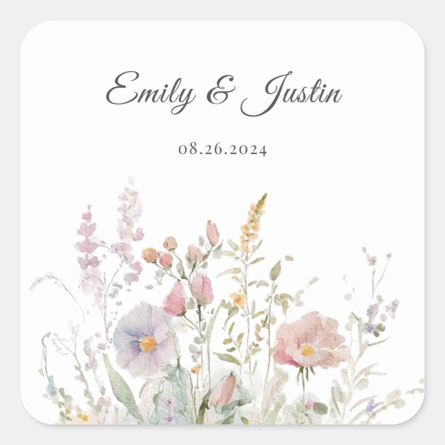 Elegant Wildflowers Floral Watercolor Weddin Square Sticker (Front)