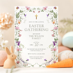Elegant Wildflowers Gold Cross Easter Gathering Invitation