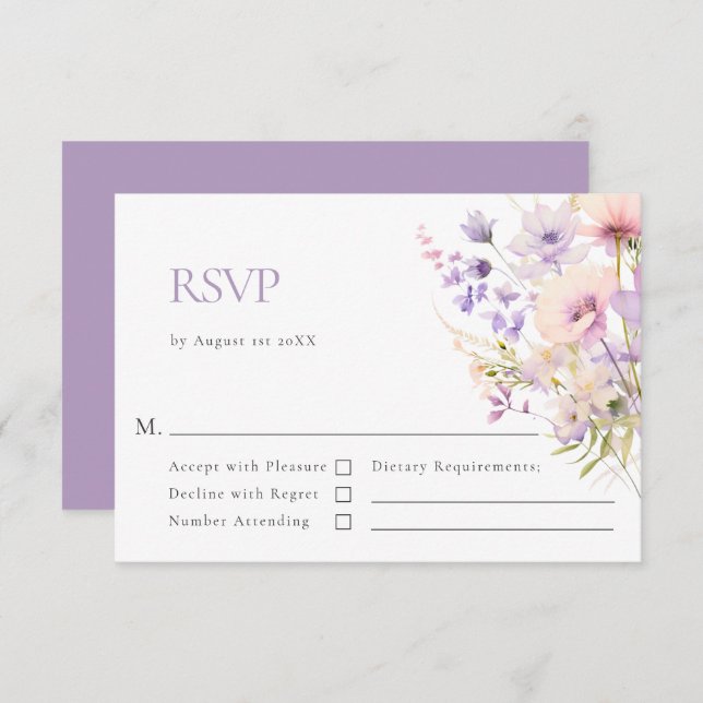 Elegant Wildflowers Lavender Violet Wedding RSVP Card (Front/Back)