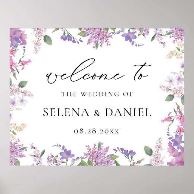 Elegant Wildflowers Lavender Wedding Welcome Sign (Front)