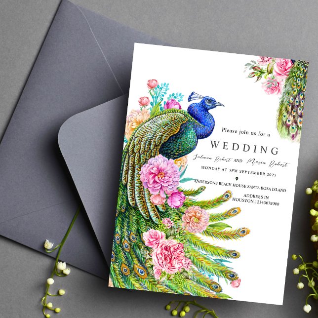 elegant Wildflowers Peacock indian wedding Fancy Invitation (Creator Uploaded)