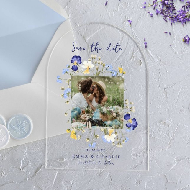 Elegant wildflowers Photo Wedding Save The Date Acrylic Invitations (Creator Uploaded)