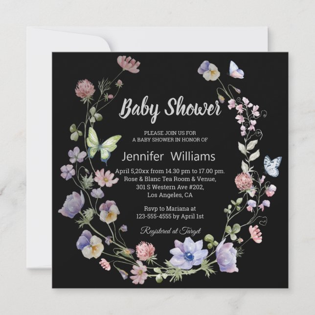 elegant wildflowers purple black girl baby shower  invitation (Front)