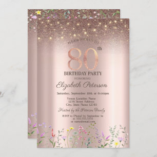 Elegant Wildflowers,String Lights 80th Birthday  Invitation