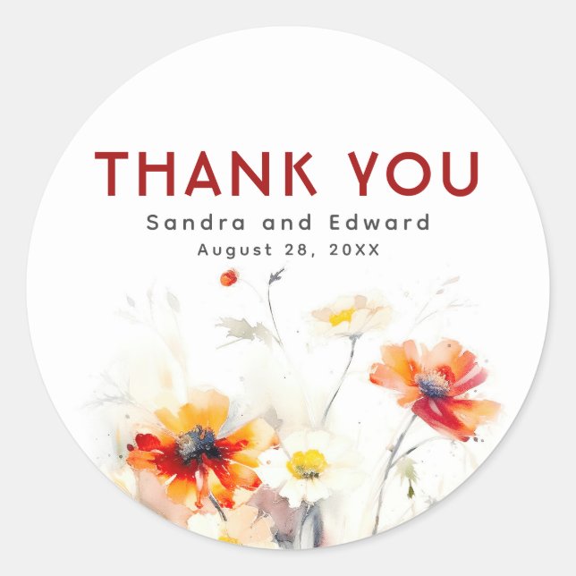 Elegant Wildflowers Thank You Classic Round Sticker (Front)