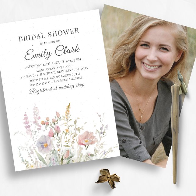 Elegant Wildflowers Watercolor Bridal Shower Photo Invitation (Creator Uploaded)