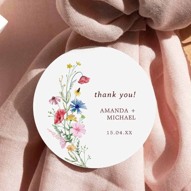 Elegant Wildflowers Wedding Classic Round Sticker (Creator Uploaded)
