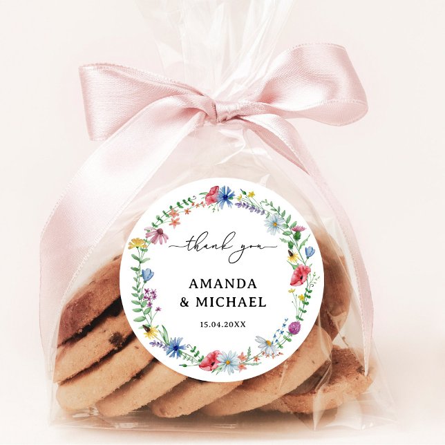 Elegant Wildflowers Wedding Thank you Classic Round Sticker (Creator Uploaded)