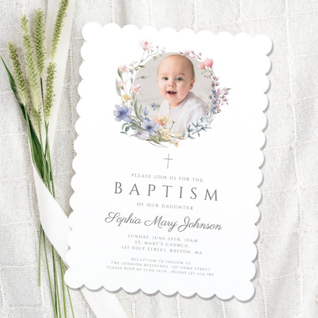 Elegant Wildflowers Wreath Girl Baptism Photo Invitation (Elegant Wildflowers Wreath Girl Baptism Photo Invitation)