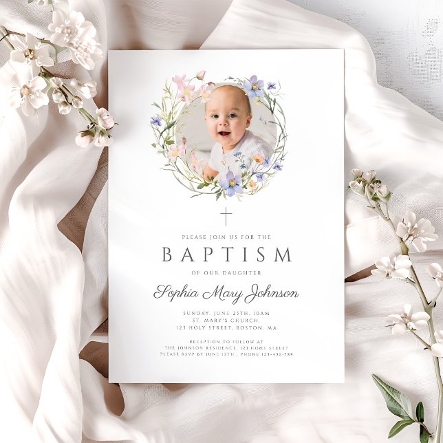 Elegant Wildflowers Wreath Photo Baptism Invitation (Elegant Wildflowers Wreath Photo Baptism Invitation)