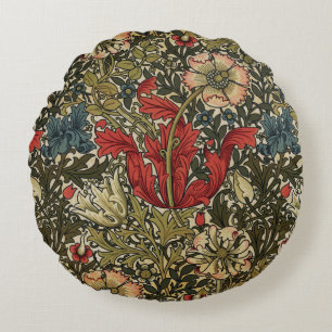 Elegant William Morris Floral Pattern Red Green Round Cushion