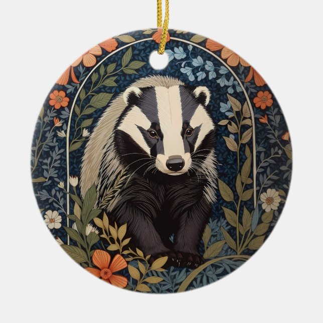 Elegant William Morris Inspired Badger Ceramic Ornament (Front)