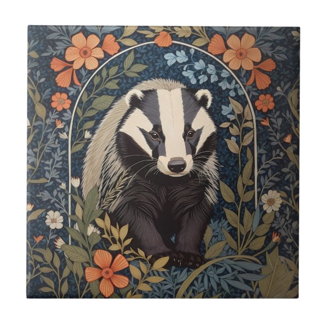 Elegant William Morris Inspired Badger Ceramic Tile (Front)