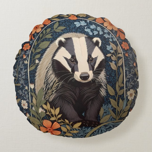 Elegant William Morris Inspired Badger Round Cushion (Front)