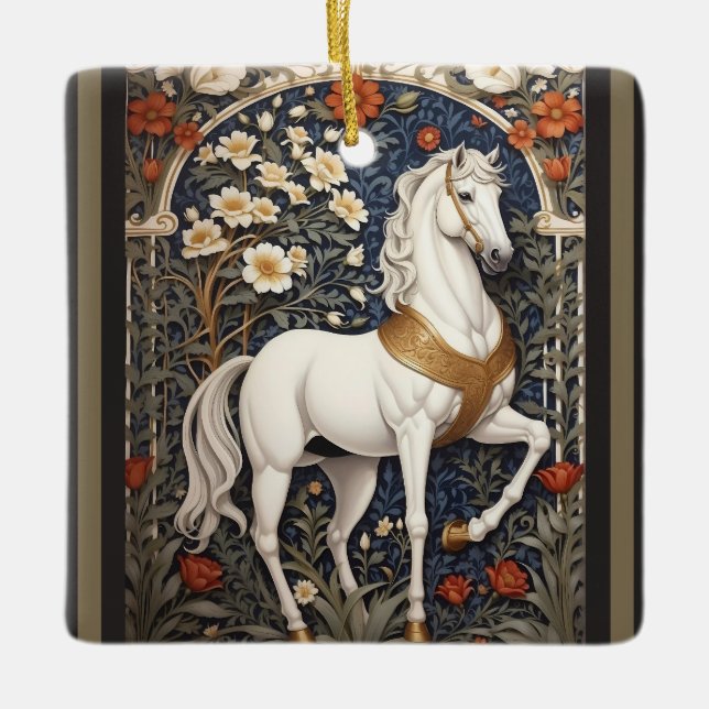 Elegant William Morris Inspired White Horse Ceramic Ornament (Front)